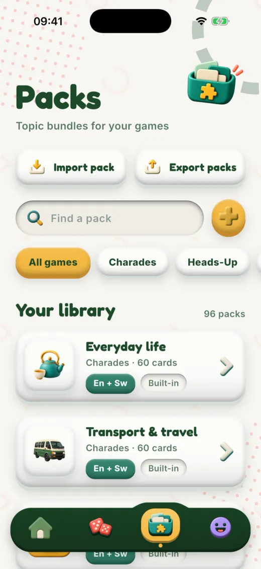 The packs library with import and export buttons